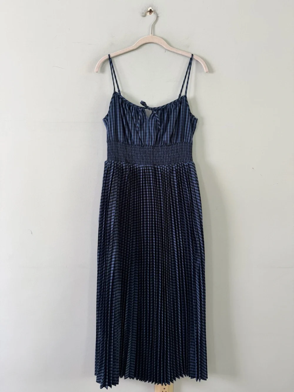 NWT J. Crew Smocked Waist Gingham Blue Pleated Cottagecore Peasant Midi Dress - Picture 2 of 6